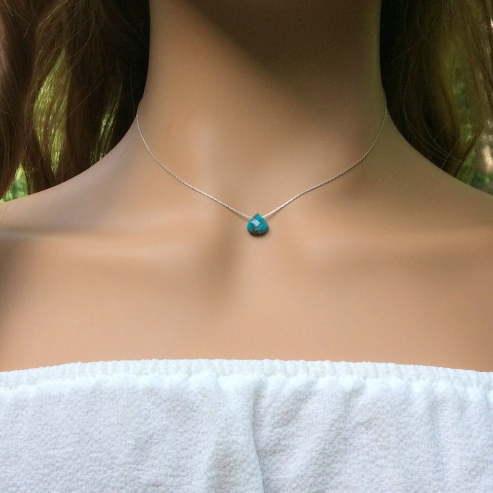Turquoise choker necklace Sterling Silver - December birthstone, gemstone choker